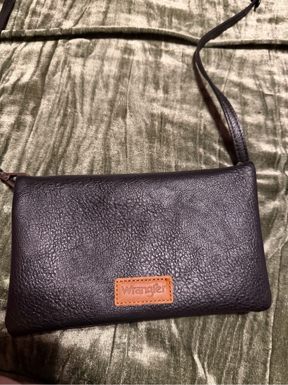 Wrangler Black Leather Crossbody Wallet with Brown Logo Patch